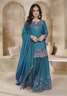 Blue Embroidered Silk Sharara Set