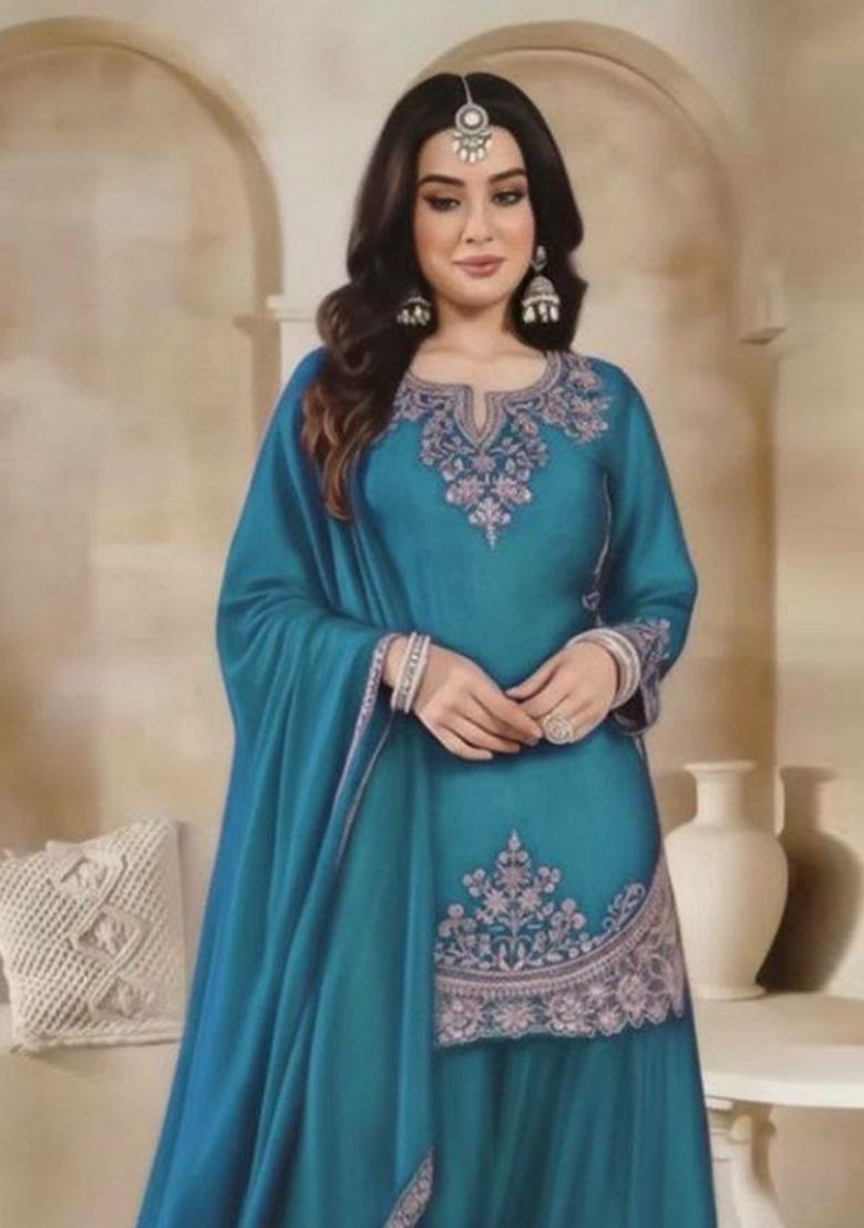 Blue Embroidered Silk Sharara Set - Indya