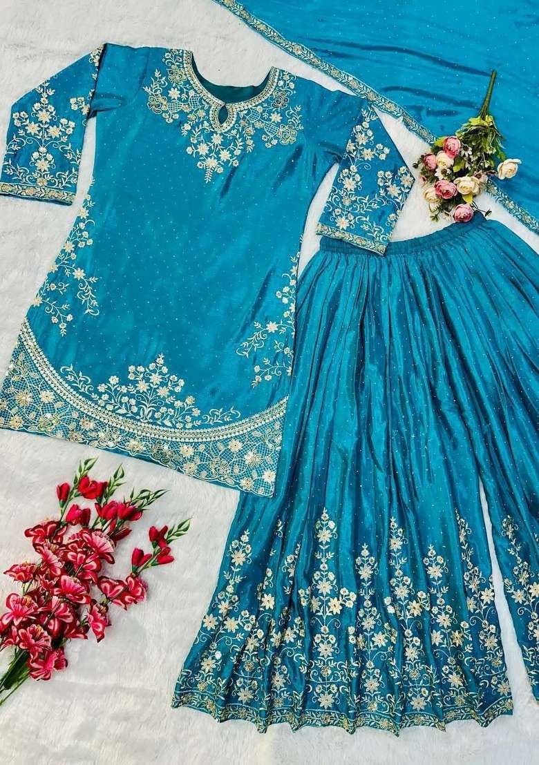 Blue Embroidered Silk Sharara Set - Indya
