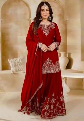 Red Embroidered Silk Sharara Set