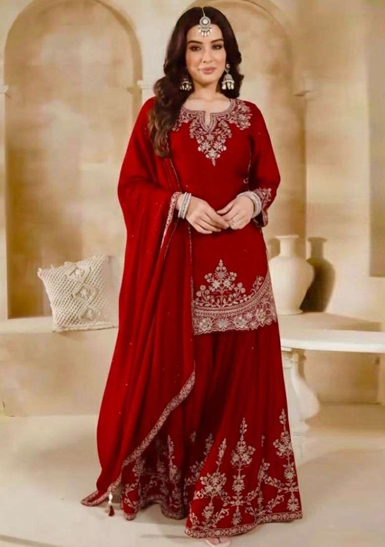 Red Embroidered Silk Sharara Set - Indya