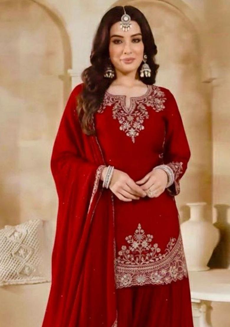 Red Embroidered Silk Sharara Set - Indya