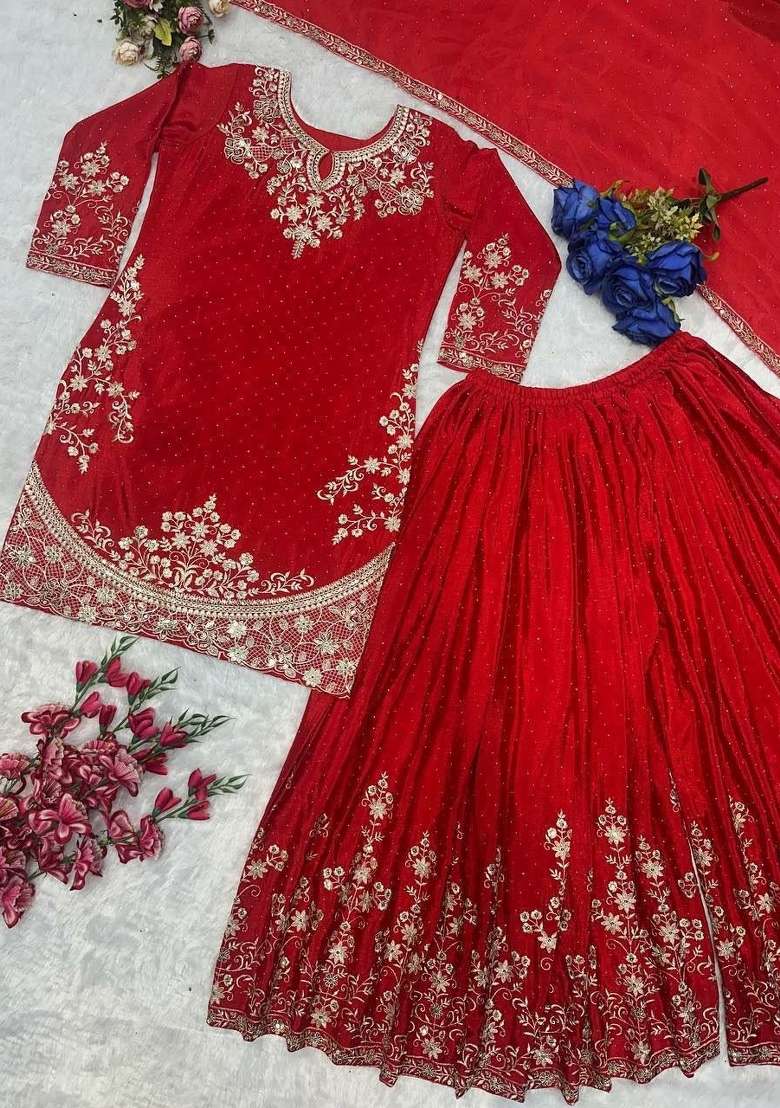Red Embroidered Silk Sharara Set - Indya