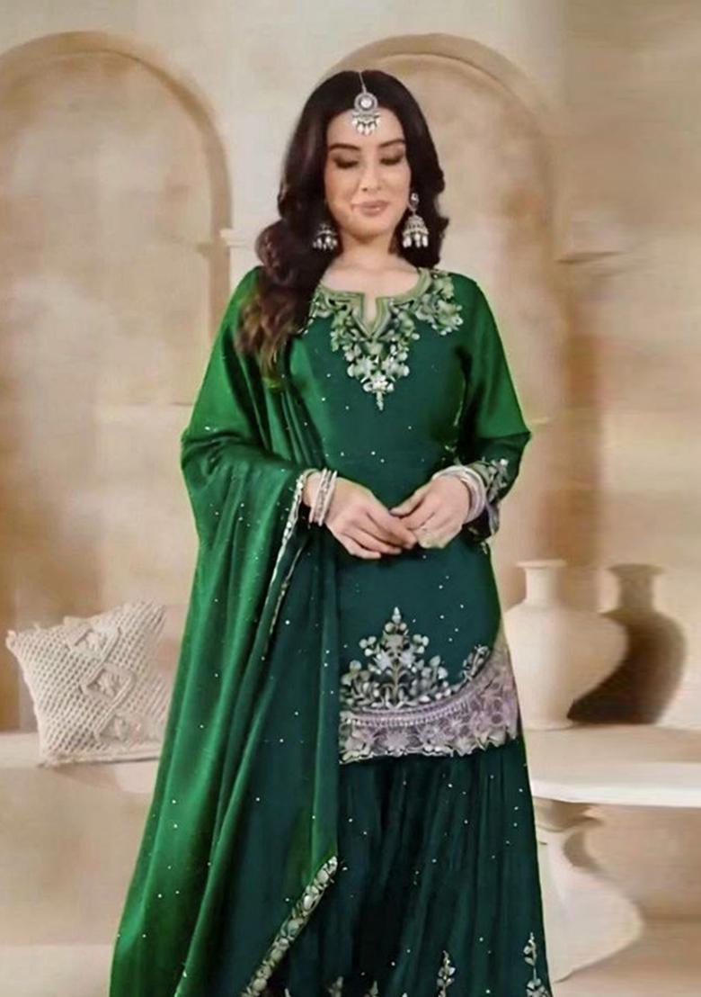 Green Embroidered Silk Sharara Set - Indya