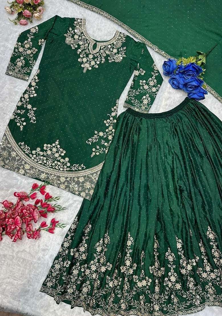 Green Embroidered Silk Sharara Set - Indya