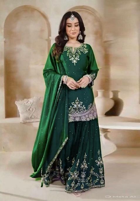 Green Embroidered Silk Sharara Set