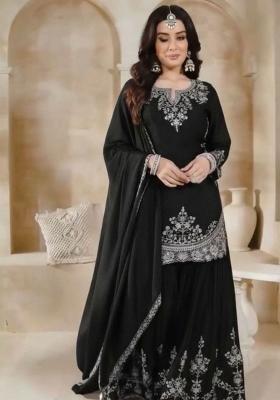 Black Embroidered Silk Sharara Set
