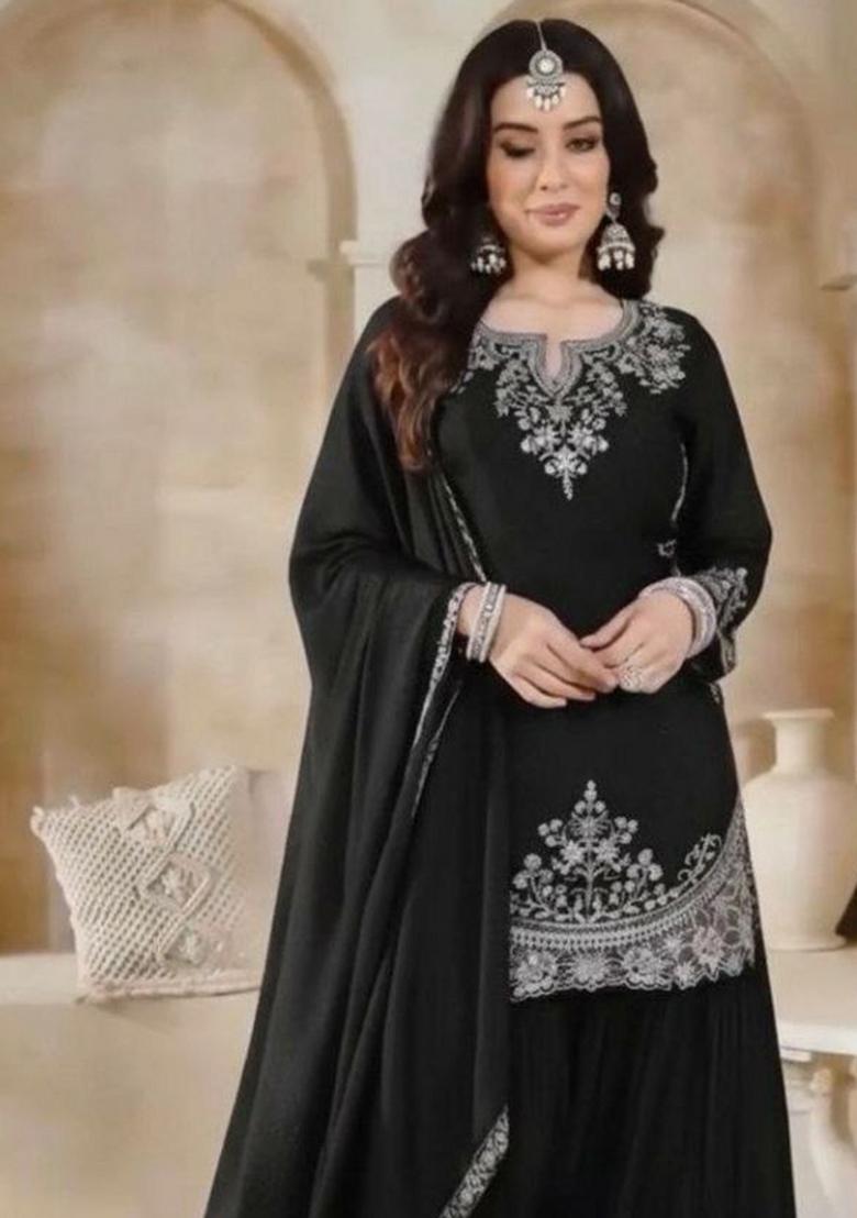 Black Embroidered Silk Sharara Set - Indya