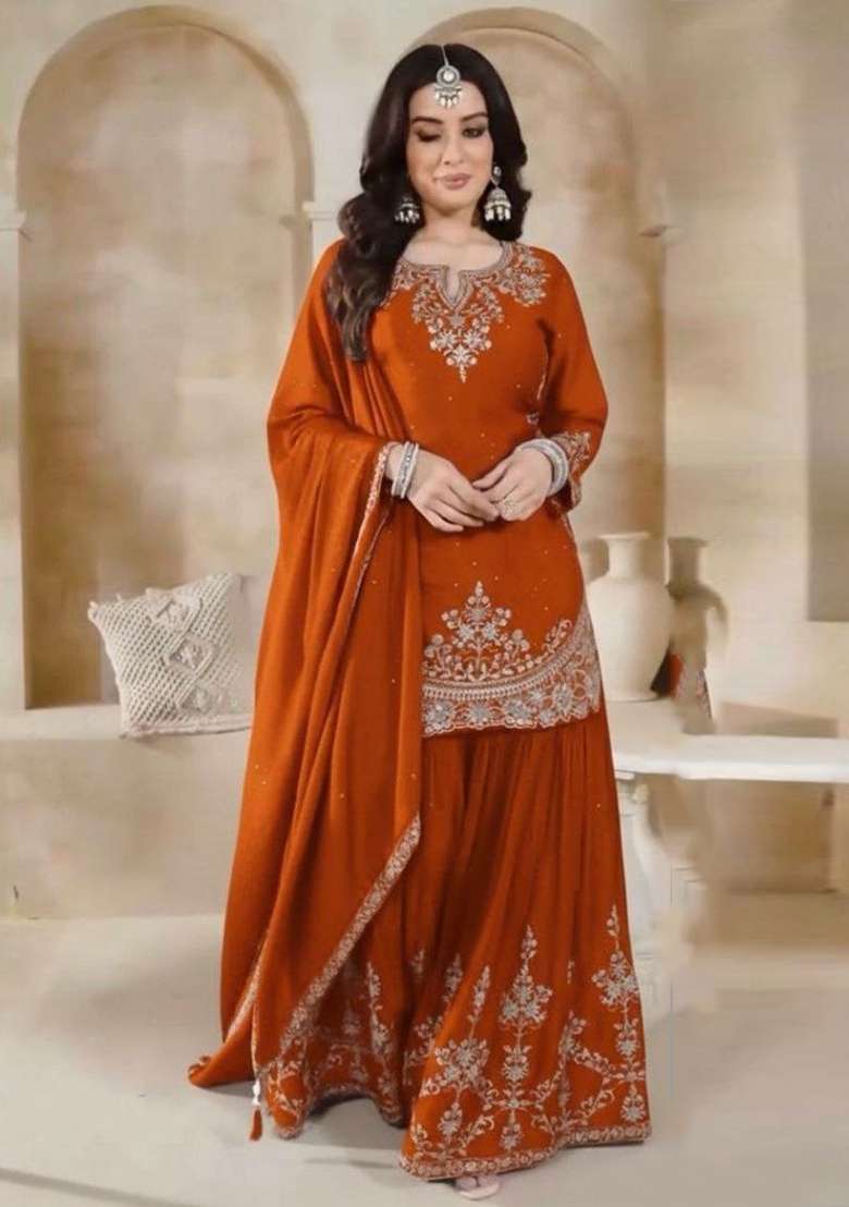 Orange Embroidered Silk Sharara Set - Indya