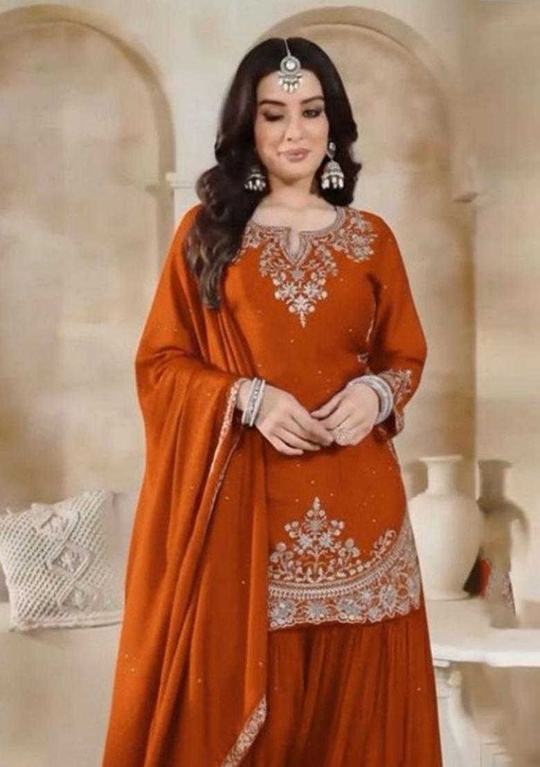 Orange Embroidered Silk Sharara Set - Indya
