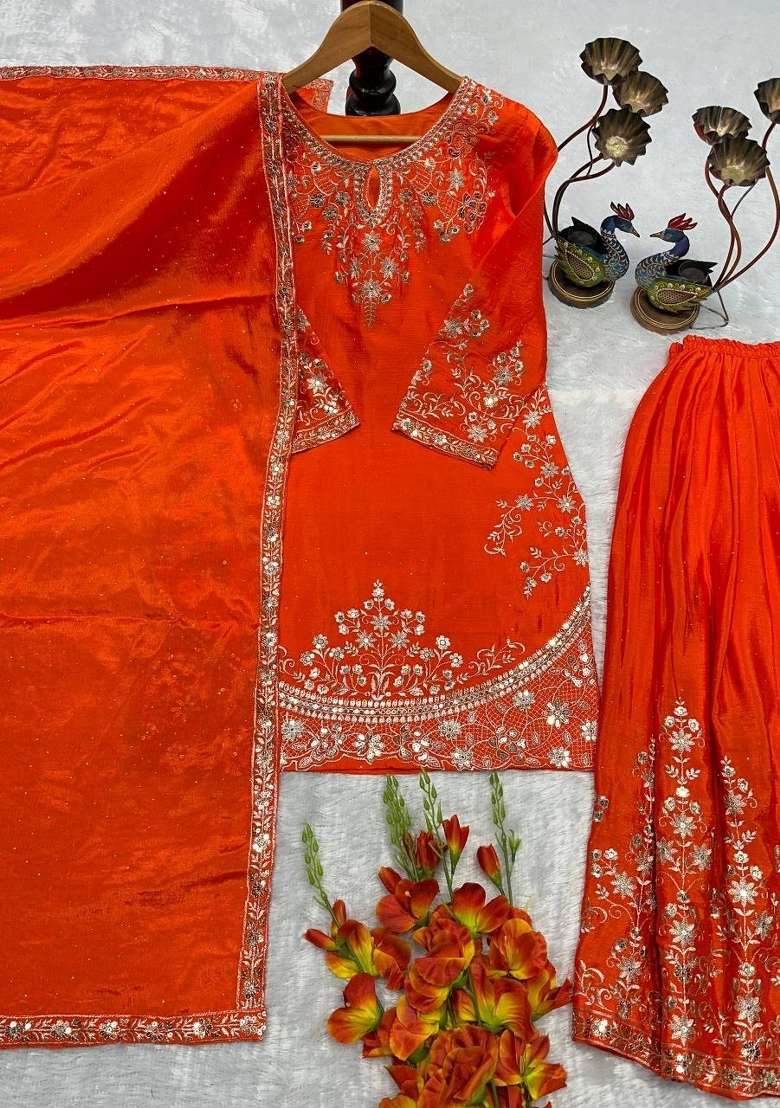Orange Embroidered Silk Sharara Set - Indya
