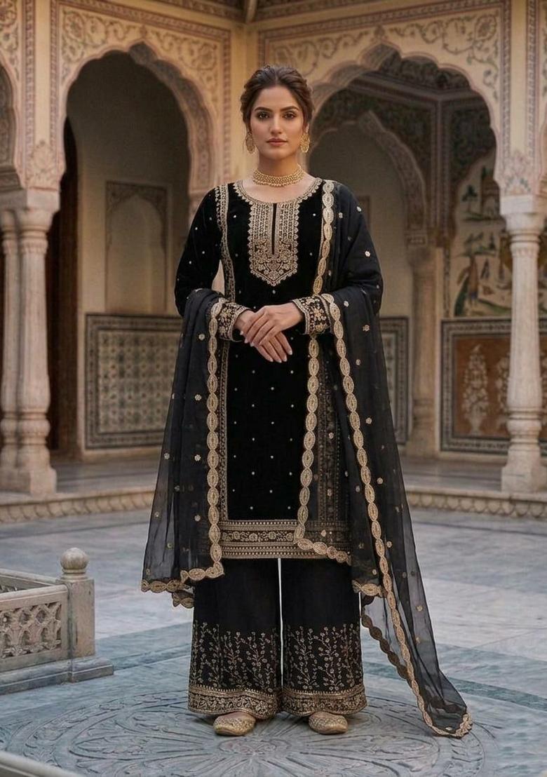 Black Embroidered Georgette Sharara Set - Indya