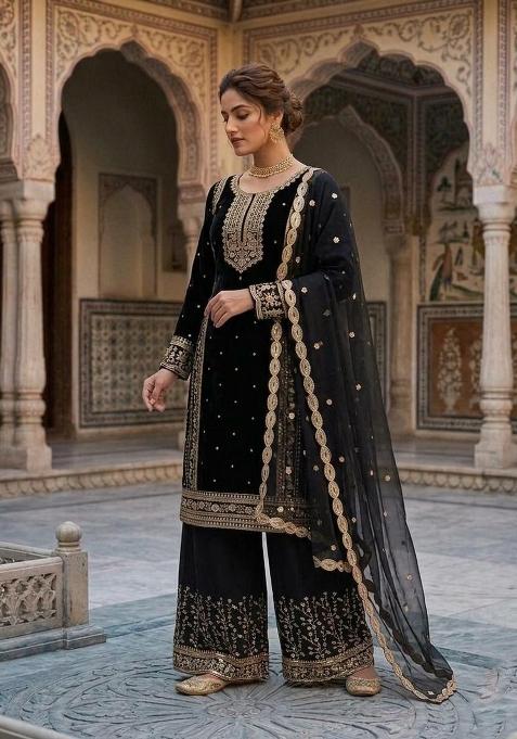 Black Embroidered Georgette Sharara Set