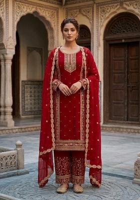 Red Embroidered Georgette Sharara Set