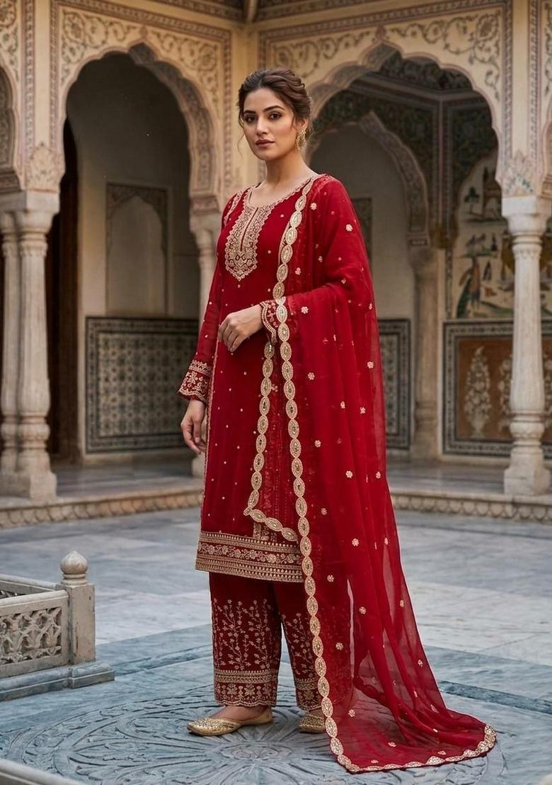 Red Embroidered Georgette Sharara Set - Indya