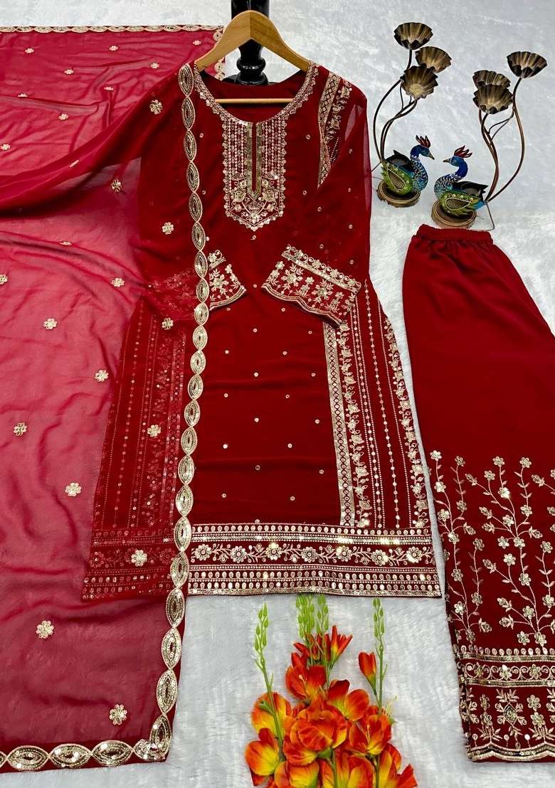 Red Embroidered Georgette Sharara Set - Indya