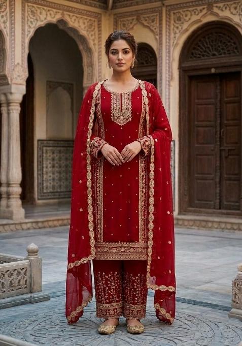 Red Embroidered Georgette Sharara Set