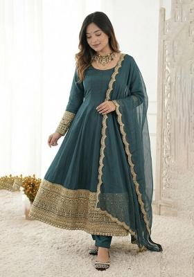 Teal Green Embroidered Crepe Anarkali Set