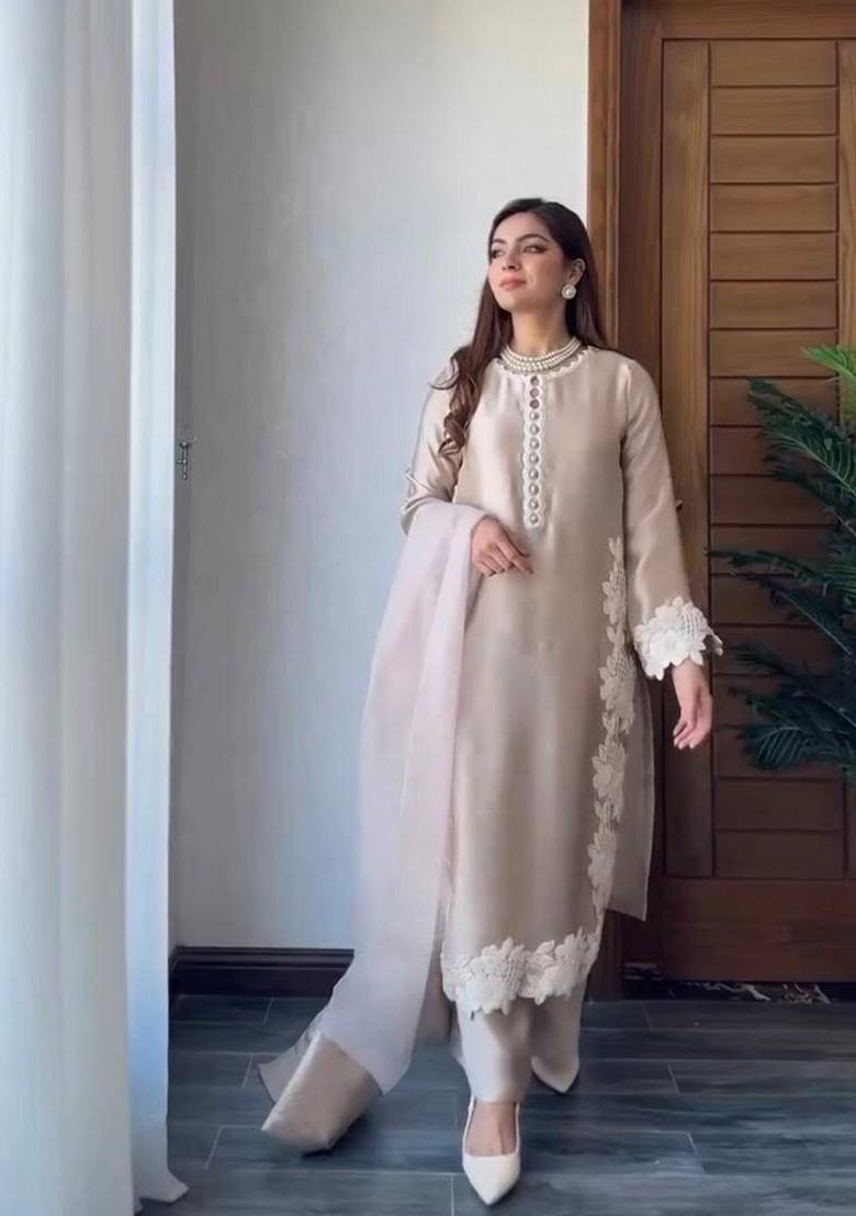 Beige Embroidered Silk Palazzo Set - Indya
