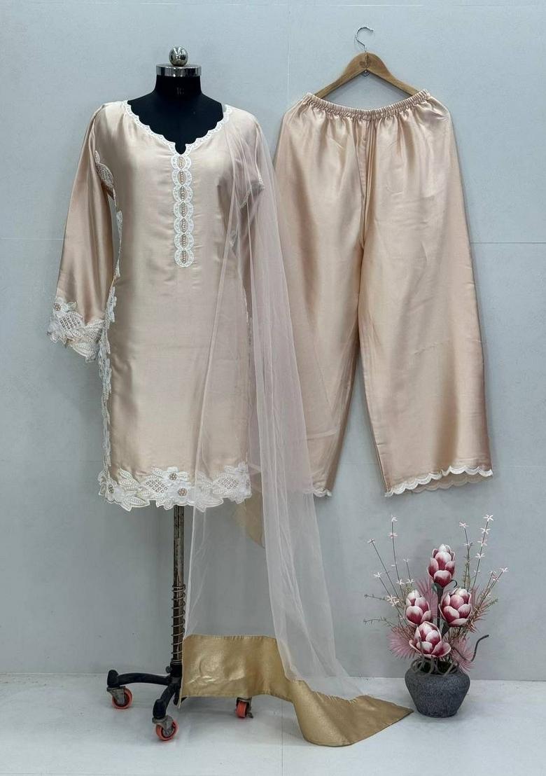Beige Embroidered Silk Palazzo Set - Indya