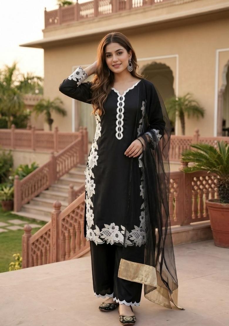 Black Embroidered Silk Palazzo Set - Indya