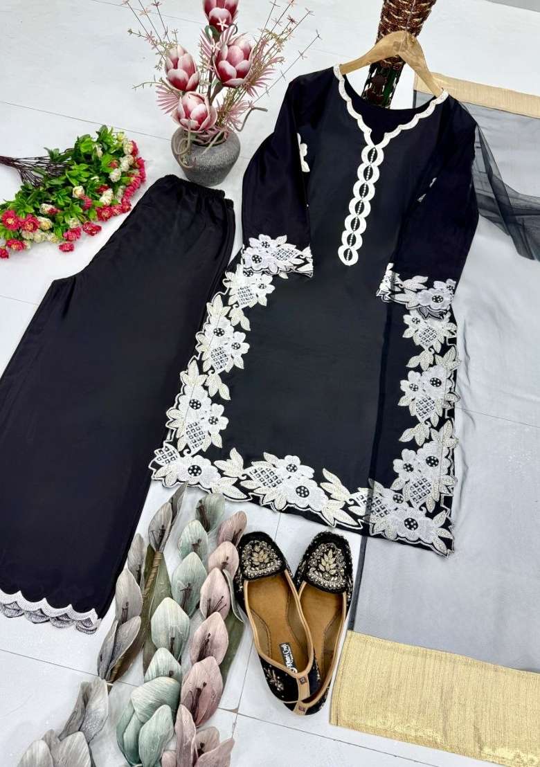 Black Embroidered Silk Palazzo Set - Indya