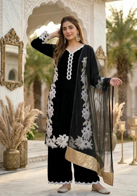 Black Embroidered Silk Palazzo Set