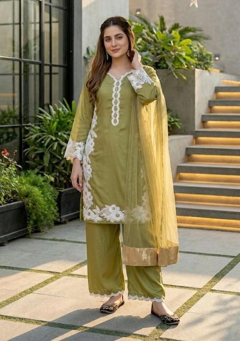 Green Embroidered Silk Palazzo Set - Indya