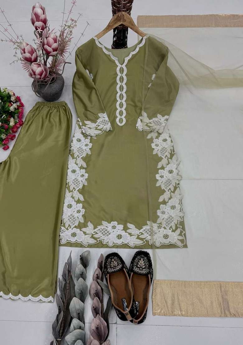 Green Embroidered Silk Palazzo Set - Indya