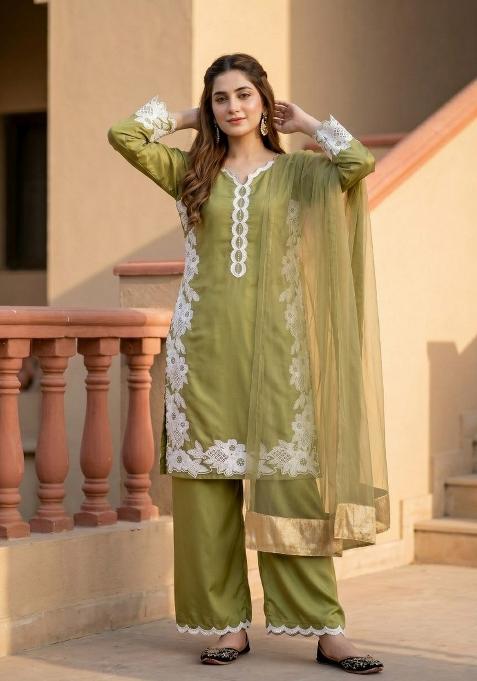 Green Embroidered Silk Palazzo Set