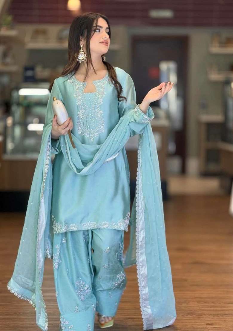 Blue Sequin Work Roman Glass Palazzo Set - Indya