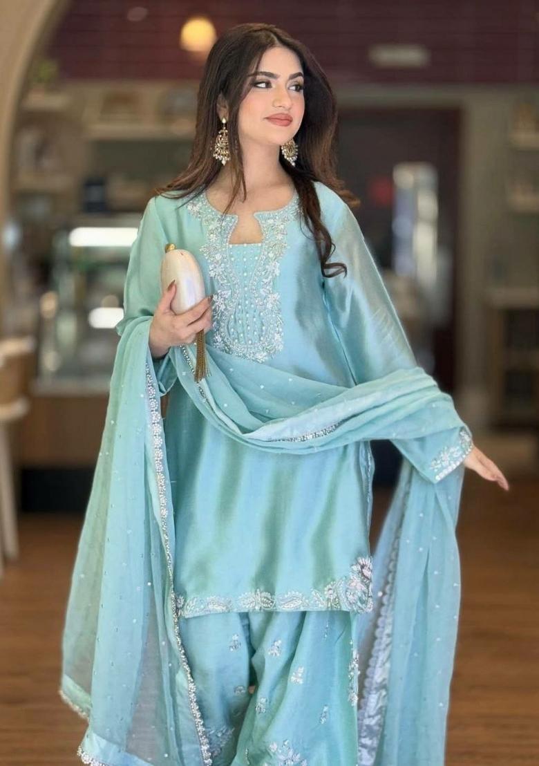 Blue Sequin Work Roman Glass Palazzo Set - Indya