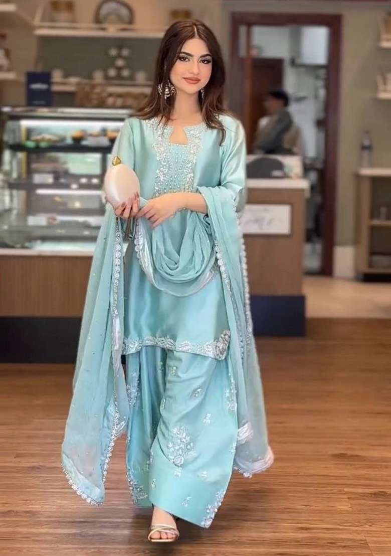 Blue Sequin Work Roman Glass Palazzo Set - Indya
