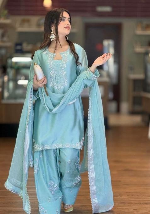 Blue Sequin Work Roman Glass Palazzo Set