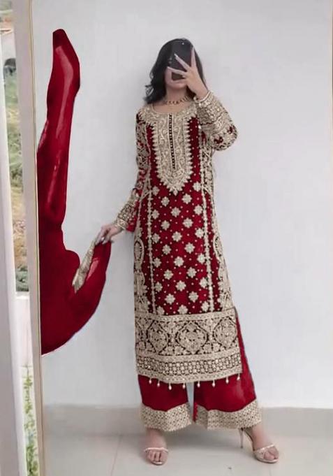 Red Embroidered Georgette Pakistani Suit