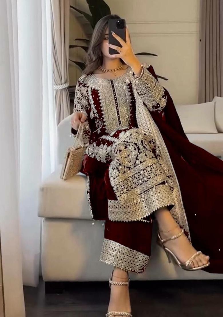 Maroon Embroidered Georgette Pakistani Suit - Indya