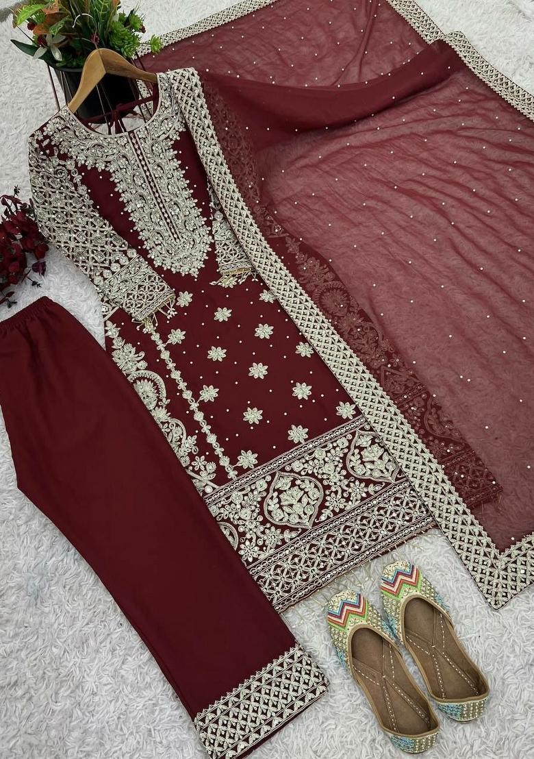 Maroon Embroidered Georgette Pakistani Suit - Indya