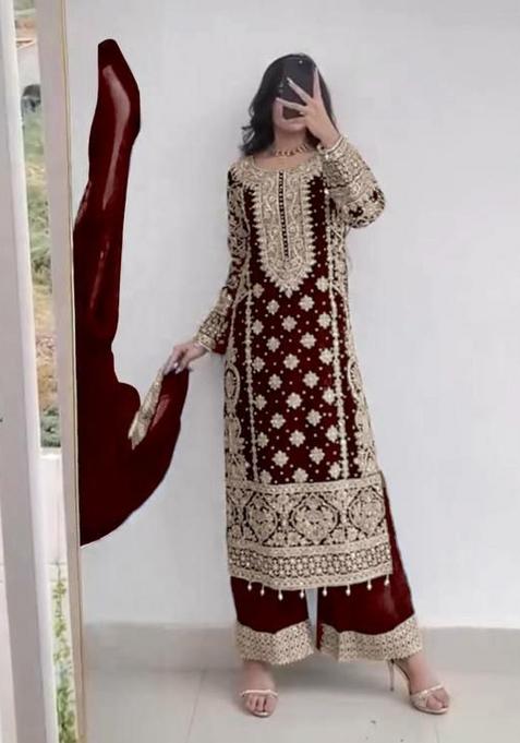 Maroon Embroidered Georgette Pakistani Suit