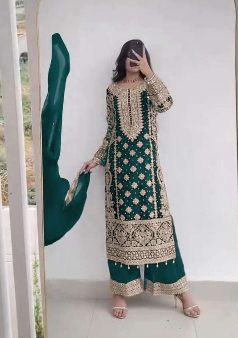 Blue Embroidered Georgette Pakistani Suit - Indya