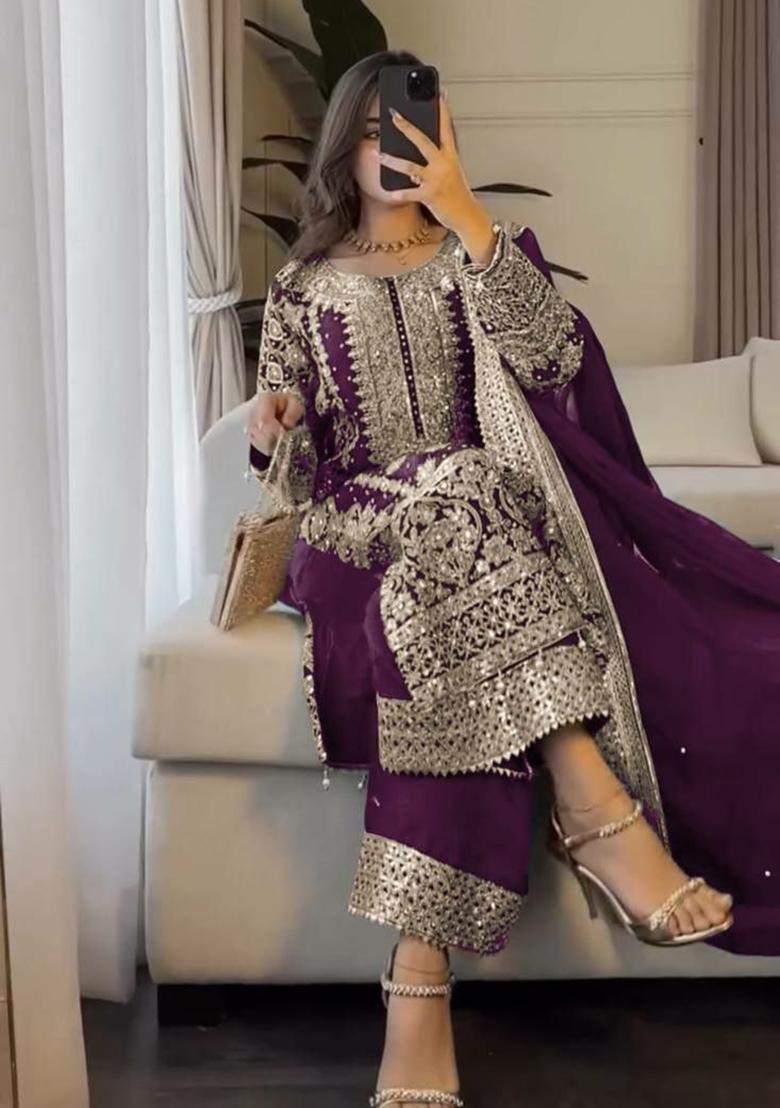Purple&nbsp; Embroidered Georgette Pakistani Suit - Indya