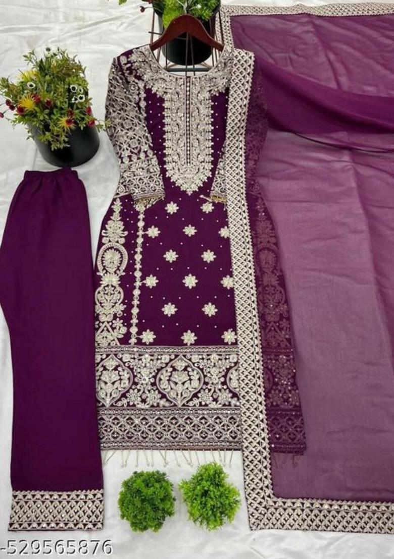 Purple&nbsp; Embroidered Georgette Pakistani Suit - Indya