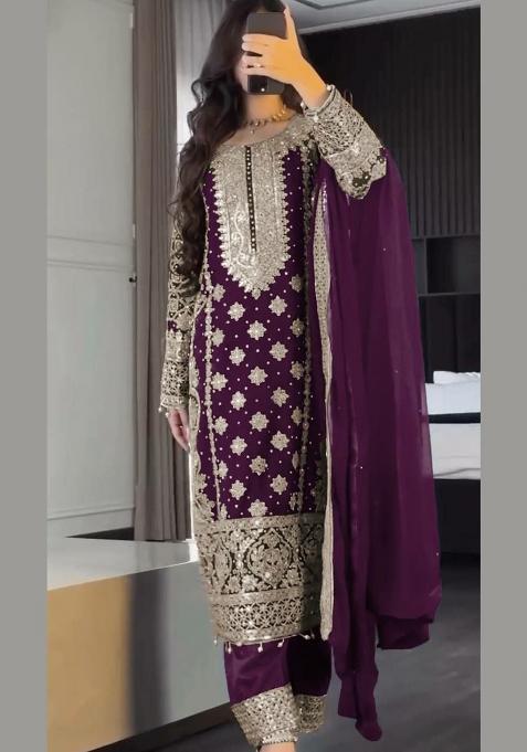 Purple&nbsp; Embroidered Georgette Pakistani Suit
