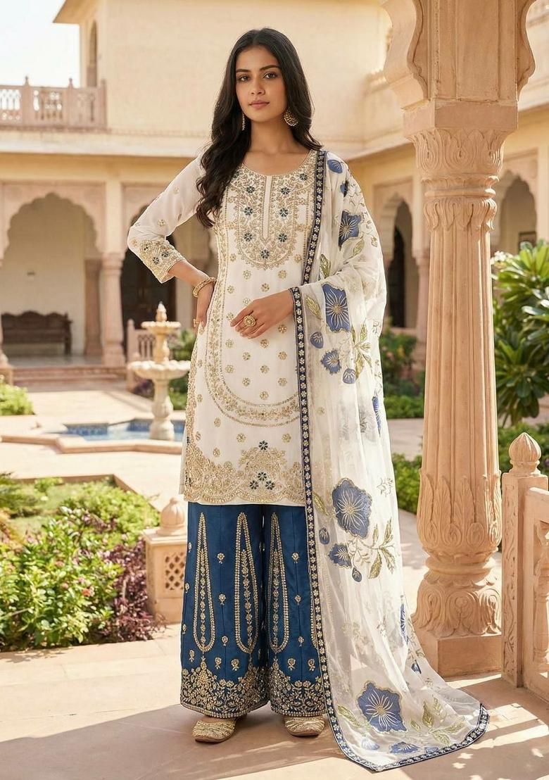 White And Blue Embroidered Silk Palazzo Set - Indya