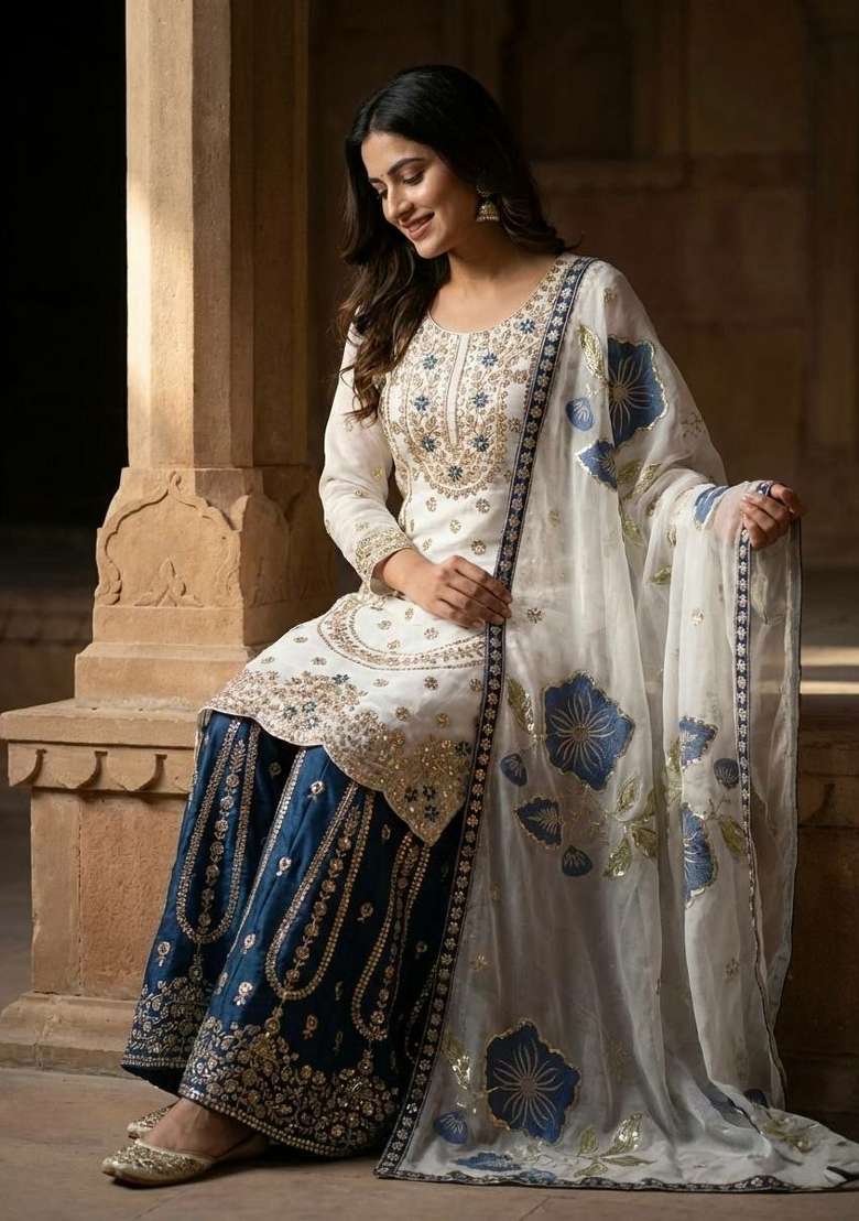 White And Blue Embroidered Silk Palazzo Set - Indya