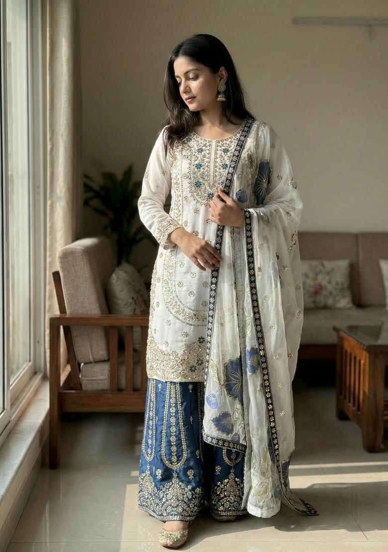 White And Blue Embroidered Silk Palazzo Set - Indya