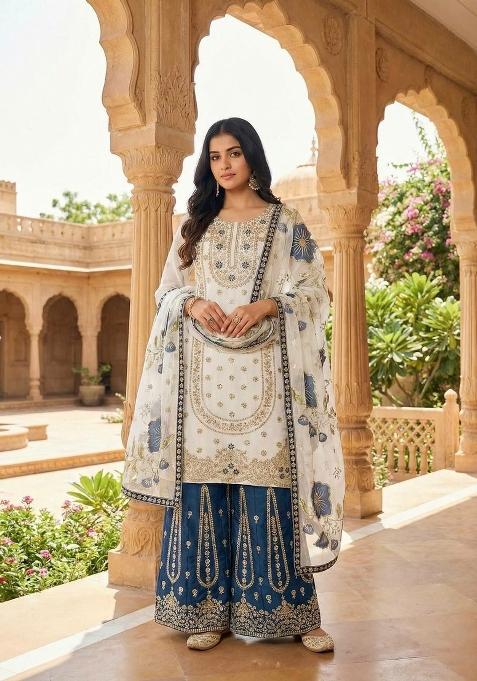 White And Blue Embroidered Silk Palazzo Set
