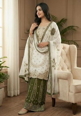 White And Green Embroidered Silk Palazzo Set