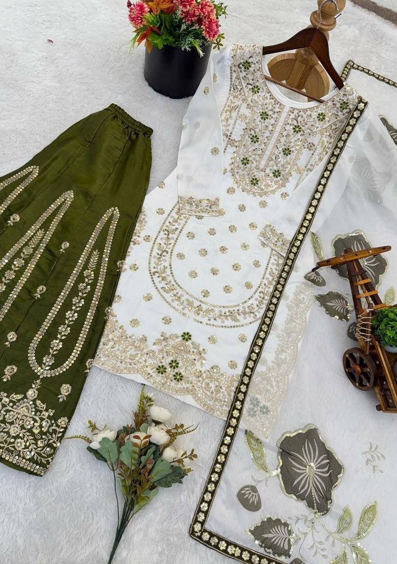 White And Green Embroidered Silk Palazzo Set - Indya