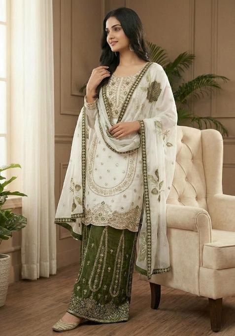White And Green Embroidered Silk Palazzo Set