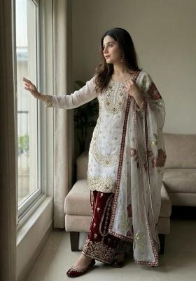 White And Maroon Embroidered Silk Palazzo Set